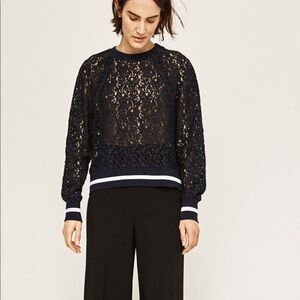 Zara Black Lace Crewneck Sweatshirt with Striped Hem
